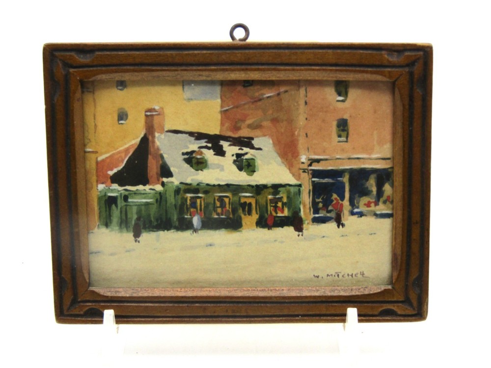 WM MITCHELL GENUINE MINIATURE WATERCOLOR (BOOKSTORE 1932) in CARVED WOOD FRAME