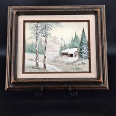 Medium Signed Painted on Canvas of Snow Covered Winter Barn or Cabin Framed