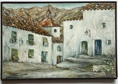 Mid Century Modernist Townscape Oil Painting Plaza Estepona Costa Del Sol Spain