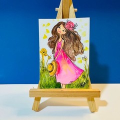 Original ACEO Girl Pink Dress Watercolor Painting Floral Cute Whimsical Mini Art