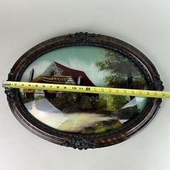 Antique Oval Wood Frame Reverse Painting Convex Farm New Jersey Bubble Glass VTG