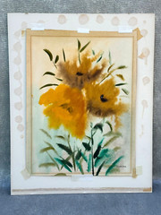 VINTAGE WATERCOLOR PAINTING SIGNED MAXINE GOLDEN YELLOW ORANGE FLOWERS FLORAL