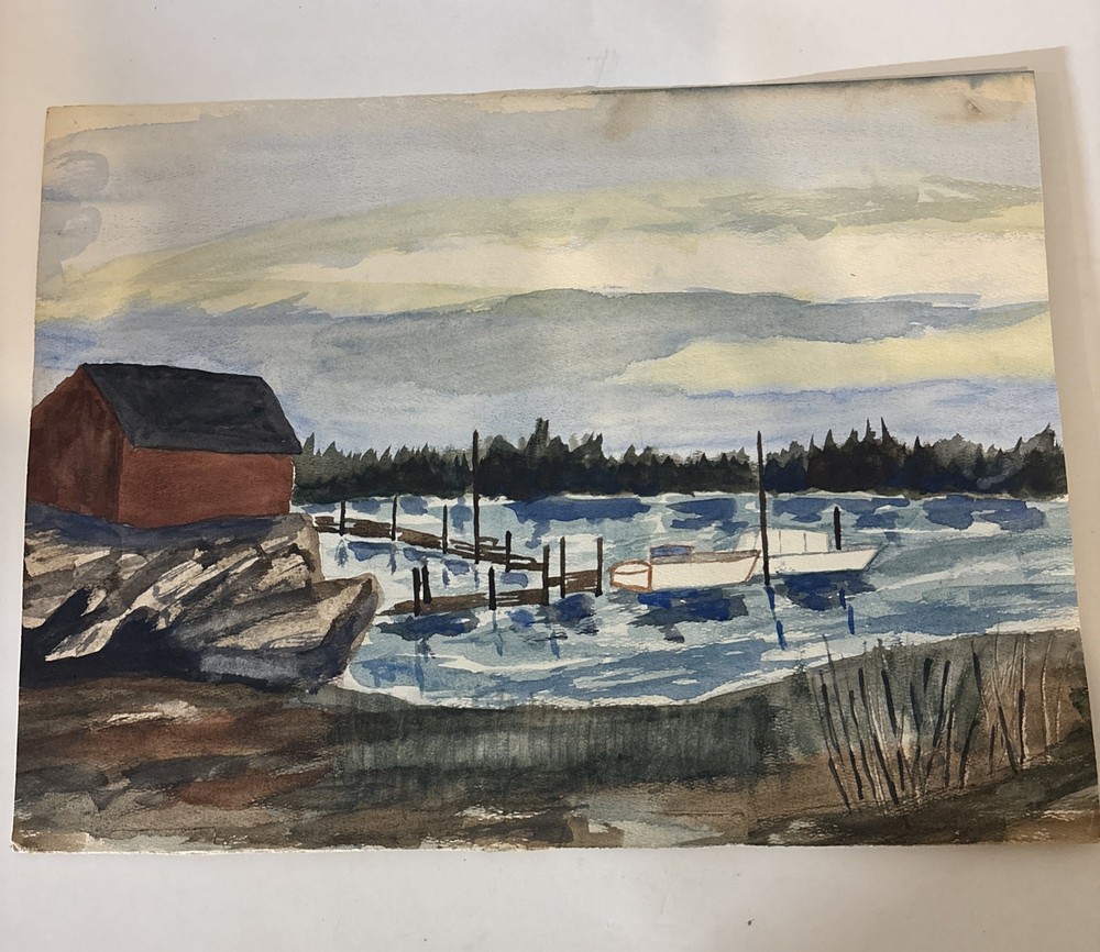 VTG 1960s Original Watercolor Coastal Fishing Shack Harbor Boats Nautical Paint