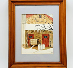 Bernadette Dew Watercolor Painting Framed Signed Rustic Barn Milk Jug Art 15×19