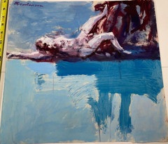 Broderson, “Figure Floats,” Original Painting on Paper, c 1970. 16 1/2 x 17 1/2”
