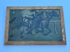 Antique Painting Impressionism Horse Race Track Jockey Portrait Mid Century Wpa