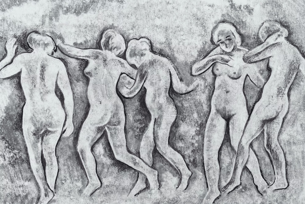 Dancing women nudes | mixed media by Franz Schicker, graphic traced