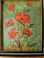 1970’s Oil Painting Red Poppies Flowers Still Life~Minature 4.5″ x 5.5″~Signed