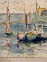 PAINTING PRISCILLA E. PERLEY SEASCAPE WATERCOLOR SAILBOATS HARBOR C1934