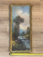 Vintage Mixed Media Landscape Painting River Cottage Scene Framed Board