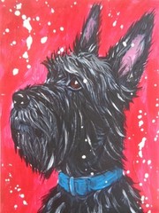 ATC ACEO Cute BLACK SCOTTIE SCOTTISH TERRIER Dog Painting ART