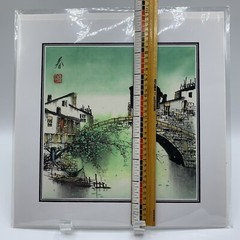 Chinese Watercolor on Paper Painting Signed Stamped Water Homes Tree Bridge Boat