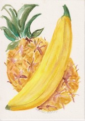 5 x 7 Original Banana & Pineapple watercolor painting By Sharon Foster OOAK