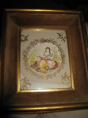 Antique Miniature Painting Girl in Gown reading in Garden signed M. Le Bliquie