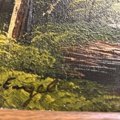 Vintage ORIGINAL Oil Painting MOUNTAINS STREAM LAKE TREES 17 X 13 INCHES
