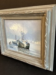 Thomas Oil Painting Blue Seascape Harbor Boats Framed Canvas Vintage 12”x14”