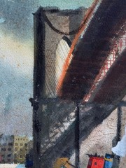 1940s James Vance Painting – Brooklyn Bridge & East River Tugboat, New York City