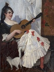 Giovacchino Gamberini 19thC Antique Genre Female Musician Cat Portrait Painting
