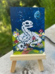 ACEO Original Acrylic Painting snake Skeleton Whimsy Floral Moon by Sixx Sakraf