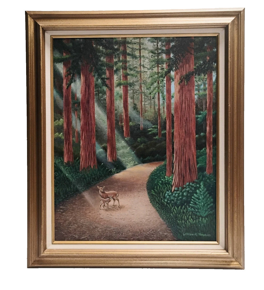 William Tompkins Forest Landscape w/ Deer On Path Oil On Canvas Painting 21X25