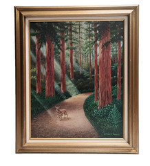 William Tompkins Forest Landscape w/ Deer On Path Oil On Canvas Painting 21X25