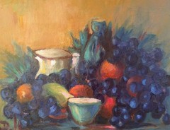 Expressionist Oil Painting Still Life Art Fruit Grapes Pitcher Oranges Signed