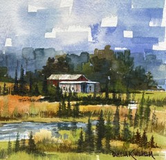 9.5×5.5” Original Watercolor Pamela Wilhelm The River Farm Barns Pine Trees