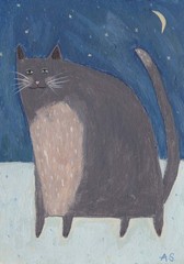 Gray beige cat with moon and night sky Original Painting Winter Folk Art
