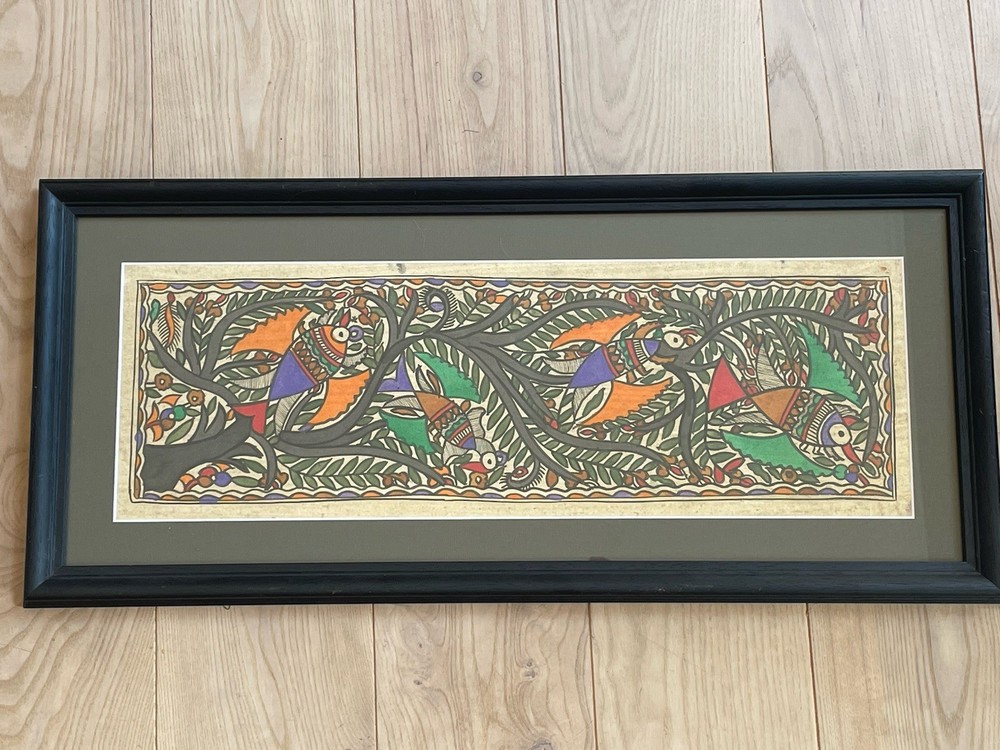 Vintage India Madhubani Folk Art Painting On Handmade Paper. Framed 12×27 Inch