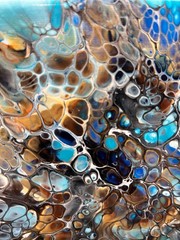 Original 8″x8″ Acrylic Fluid Art Pour Painting blue gold white