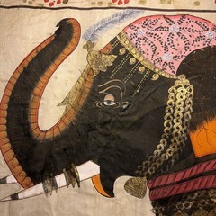 Vintage Large Elephant Hand Painted Indian Art Work On Silk 22” X 30”