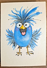 Birds with Opinions #005, „I FOUND THE SUNFLOWERS!“ ACEO Watercolor OOAK