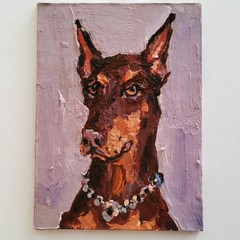 ACEO Original Painting Dogs Doberman Pet Portrait Animal Gouache Modern Artwork
