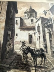 Original Oil painting Mexican Latin American village scene Man with Donkey Woman