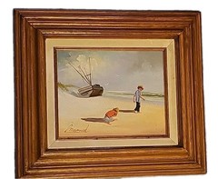 Original C. Manuel Oil Painting Children Beach Shipwreck Framed 17″×15″