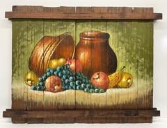 Vtg 32” Hand Painted Still Life Fruit Basket -Primitive Wood Slat Painting Sign