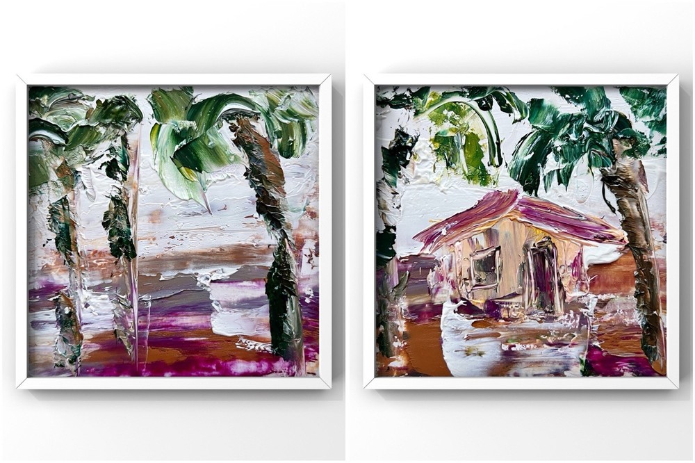Secret Palms of Hana, Hawaii – Maui Island Diptych, Original Oil Painting Framed