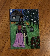 ACEO Original Acrylic Halloween Painting 2.5 X 3.5” ~ Witch & The Eyeball Woods