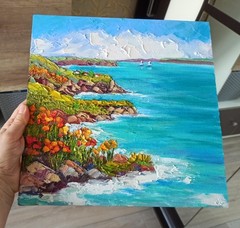Seascape Original Painting Oil Canvas Board 30x30cm Seaside Impasto Art Signed