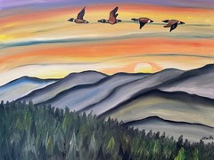 Original oil painting signed 11 x 14 in geese flying over mountains at sunset