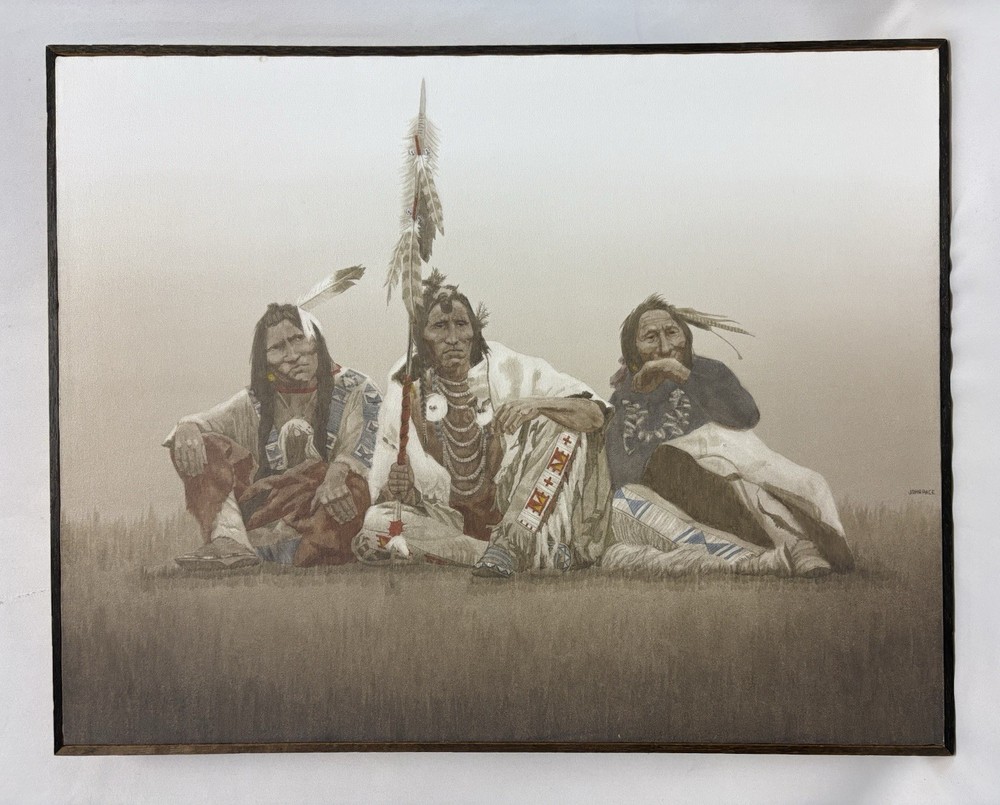 Signed John Pace Painting Archieval Glicee Three Seated Native Americans 22”x28”