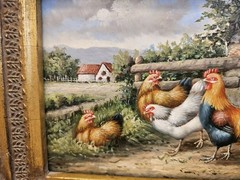 Beautiful CHICKENS ON FARM Farmhouse Miniature Oil Painting in Ornate Gold Frame