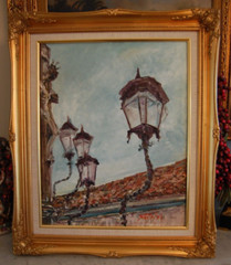 FRAMED ORIGINAL OIL BENT COLONIAL STREET LIGHTS THE AMERICAS ARTIST: HECTO VIDAL