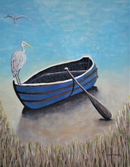 Painting Seascape Herons Original Egret Bird Birds Heron On Boat Collectible Art