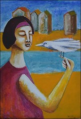 Cuban Art – Girl with Bird by Guillermo Estrada Viera 35 x 23.5