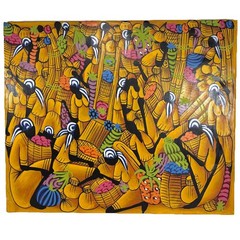Vintage Signed JEAN Haitian Market Folk Art 23×19 Oil Painting on Cloth Canvas