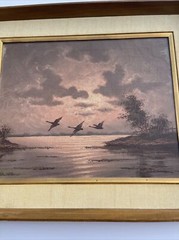 Sunset Evening Painting Landscape Water Flaying Birds Signed 1960’s Mystery Oil