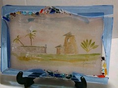 Water Color Painting Hand-painted Tropical Setting Fused Glass Frame 7.5 X 4.75