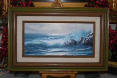 VINTAGE FRAMED ORIGINAL OIL FOAMY WAVES & SEAGULLS MOODY SEASCAPE ARTIST: GAVIN