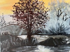 Wintery scenery with sunset and snow original oil painting on canvas 16″x12″